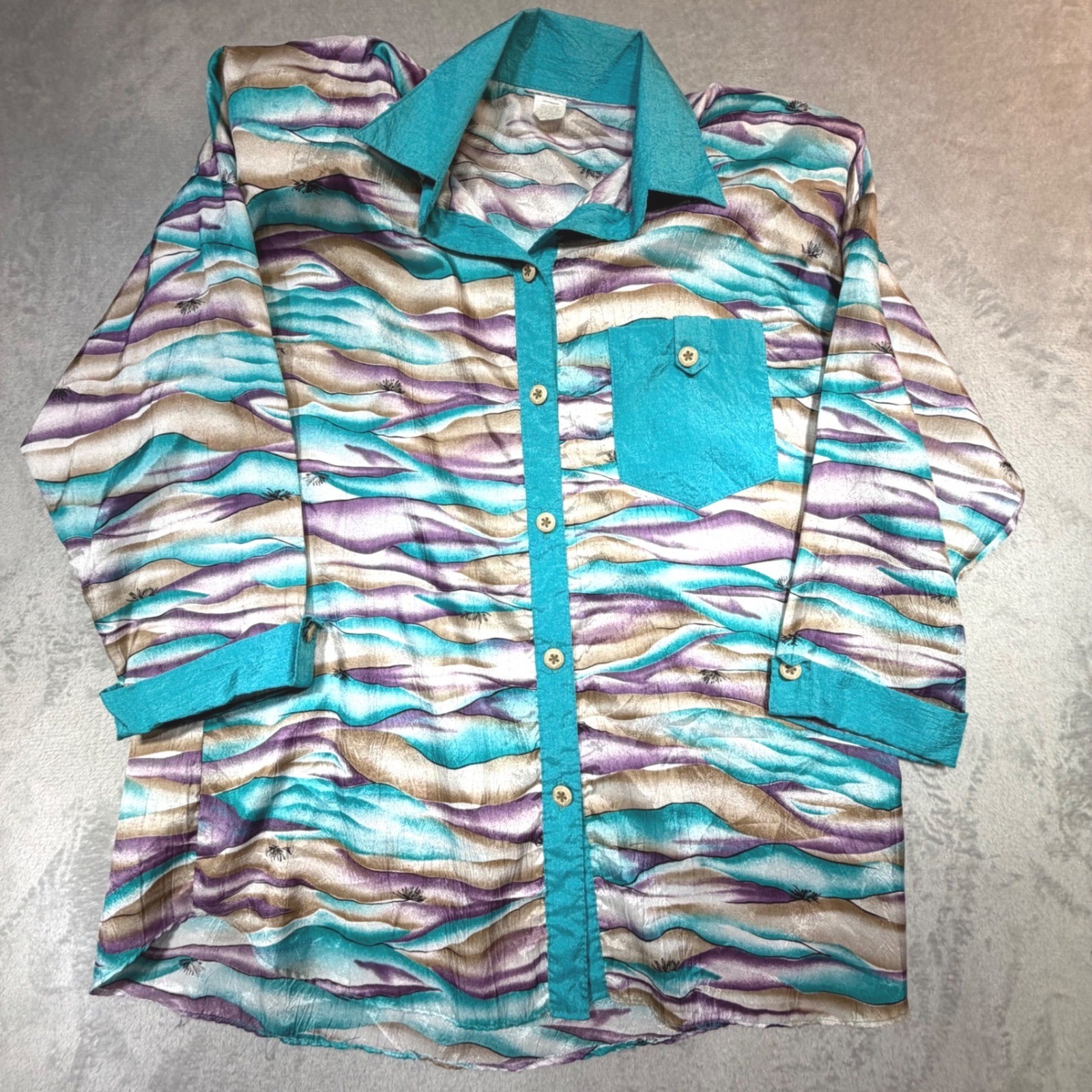 Vintage 90s Abstract Wave Print Button Down Blouse Size M Teal Purple Polyester