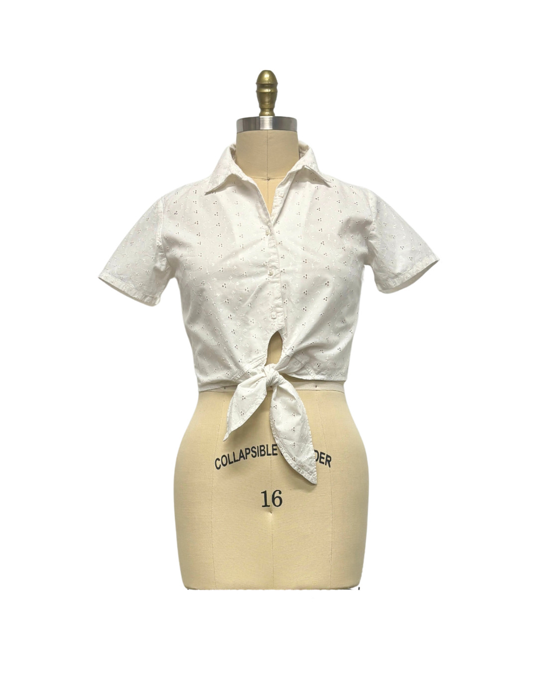 1950s WHITE EYELET CROP TIE BLOUSE | VINTAGE 1950s COTTON TOP