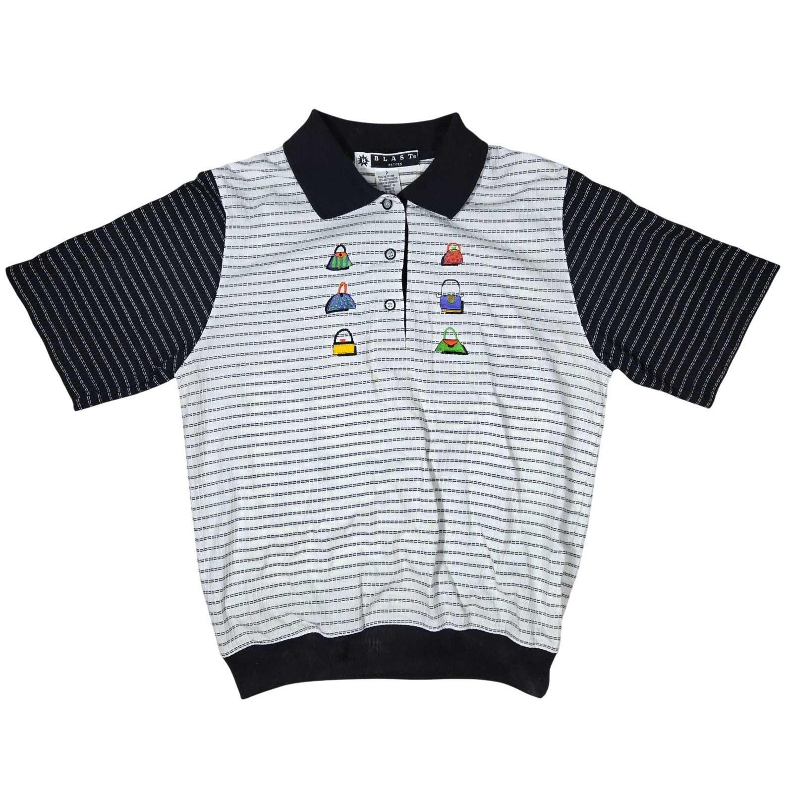 Blast Petites Vintage 90s Striped Polo Shirt Purse Embroidery Black White P