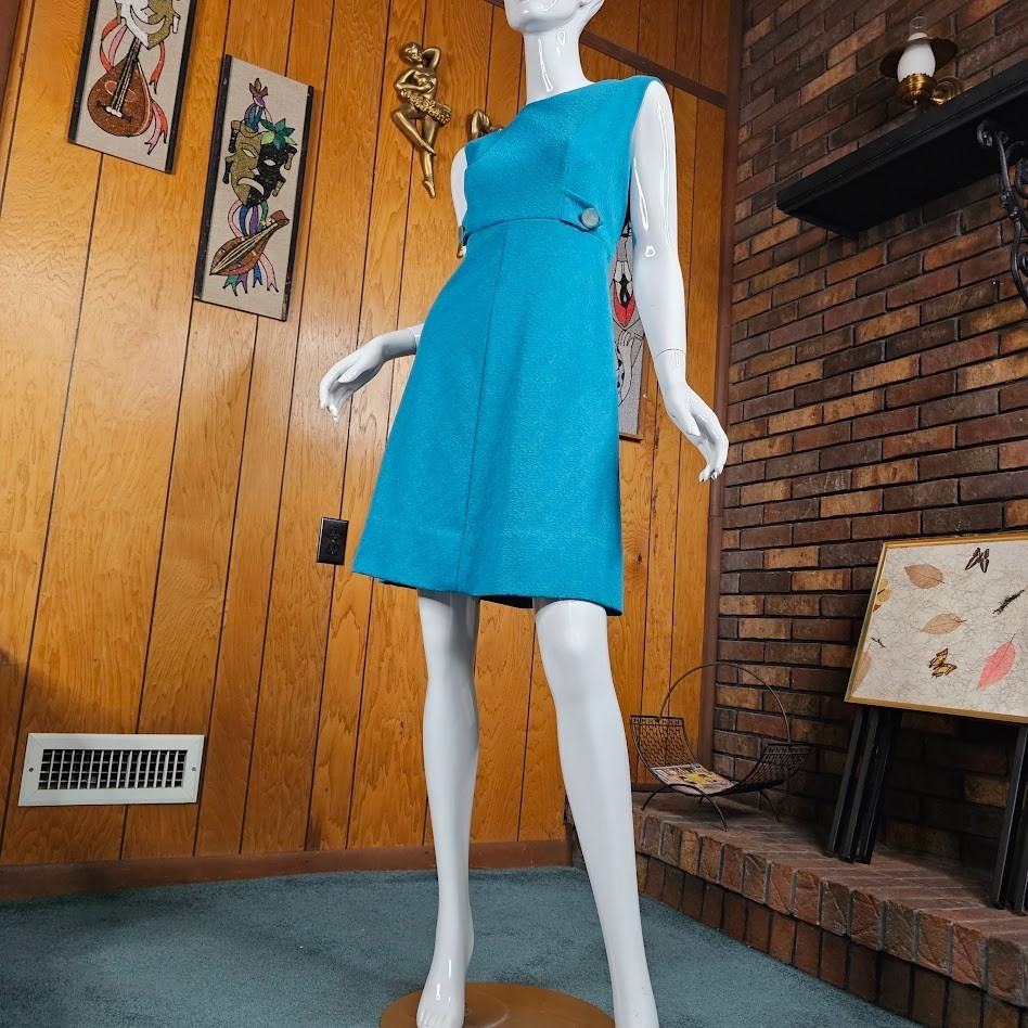 Vintage 60s Mod Go Go A-Line Empire Mini Shift Teal Texture Knit Party Dress M/L