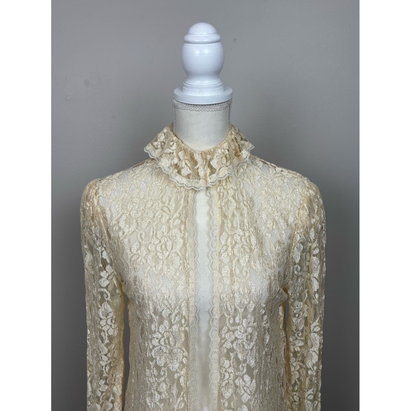 Vtg Jessica McClintock Top Women Lg Cream Lace Tunic Cardigan Victorian Coquette