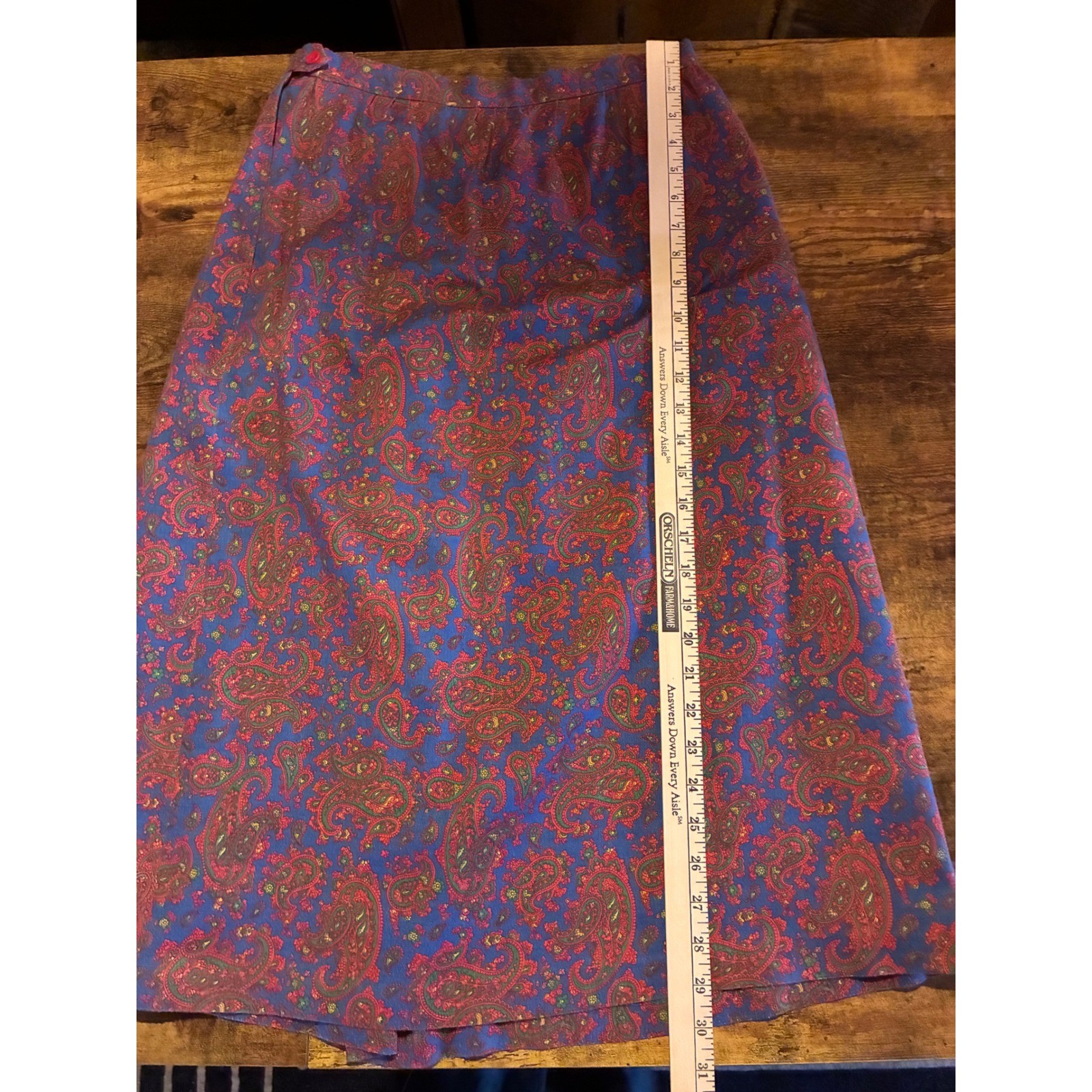 Vintage Paisley Midi Skirt Womens 29 Waist Blue Red Excellent A-Line Boho Retro