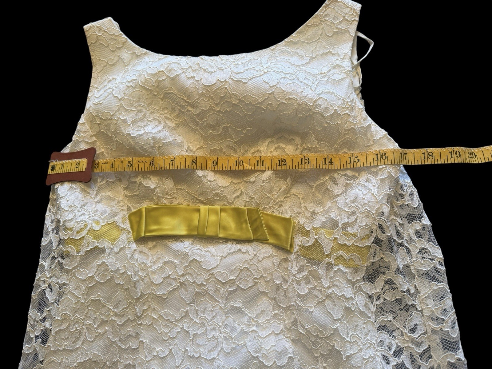 Victorian Ivory Lace Slip Dress 1960s Floral Long 53” SZ 9 Chartreuse Ribbon