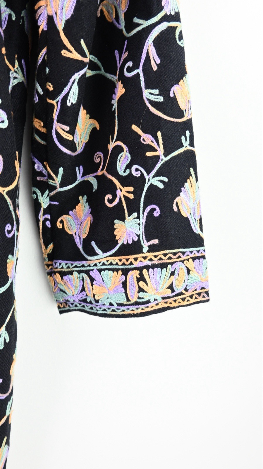 Vintage embroidered kashmiri jacket in black with lavender/gold size UK10