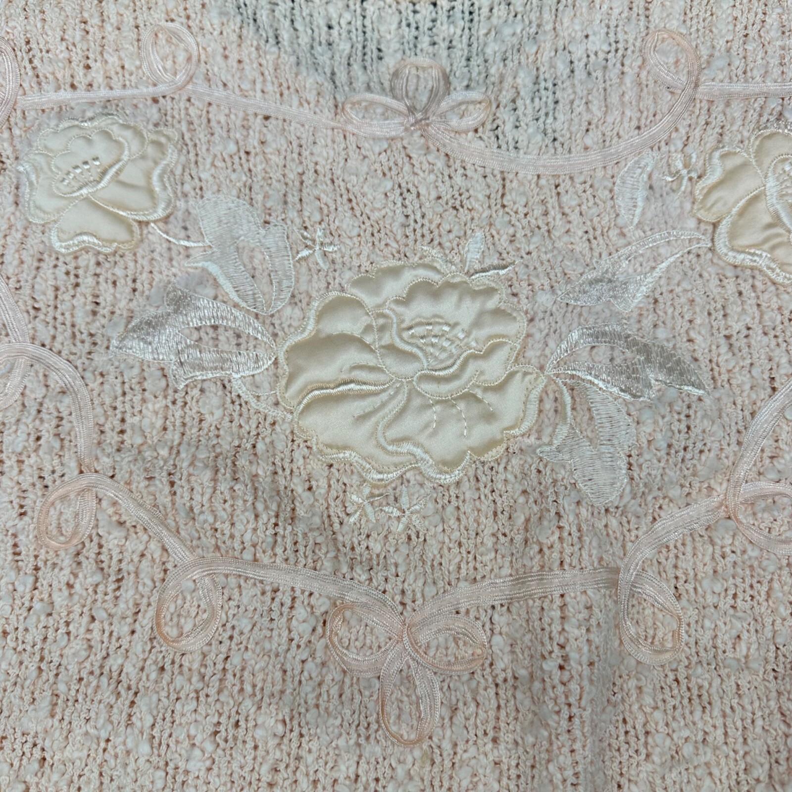 Vintage Peach Short Sleeve Sweater 1980s Yarnworks Floral Applique Large Taiwan