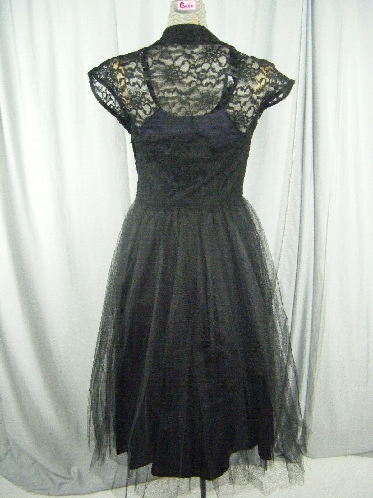 Vtg 50s Black Illusion Sheer Floral Lace/Tulle Net Party Dress-Bust 34/XS