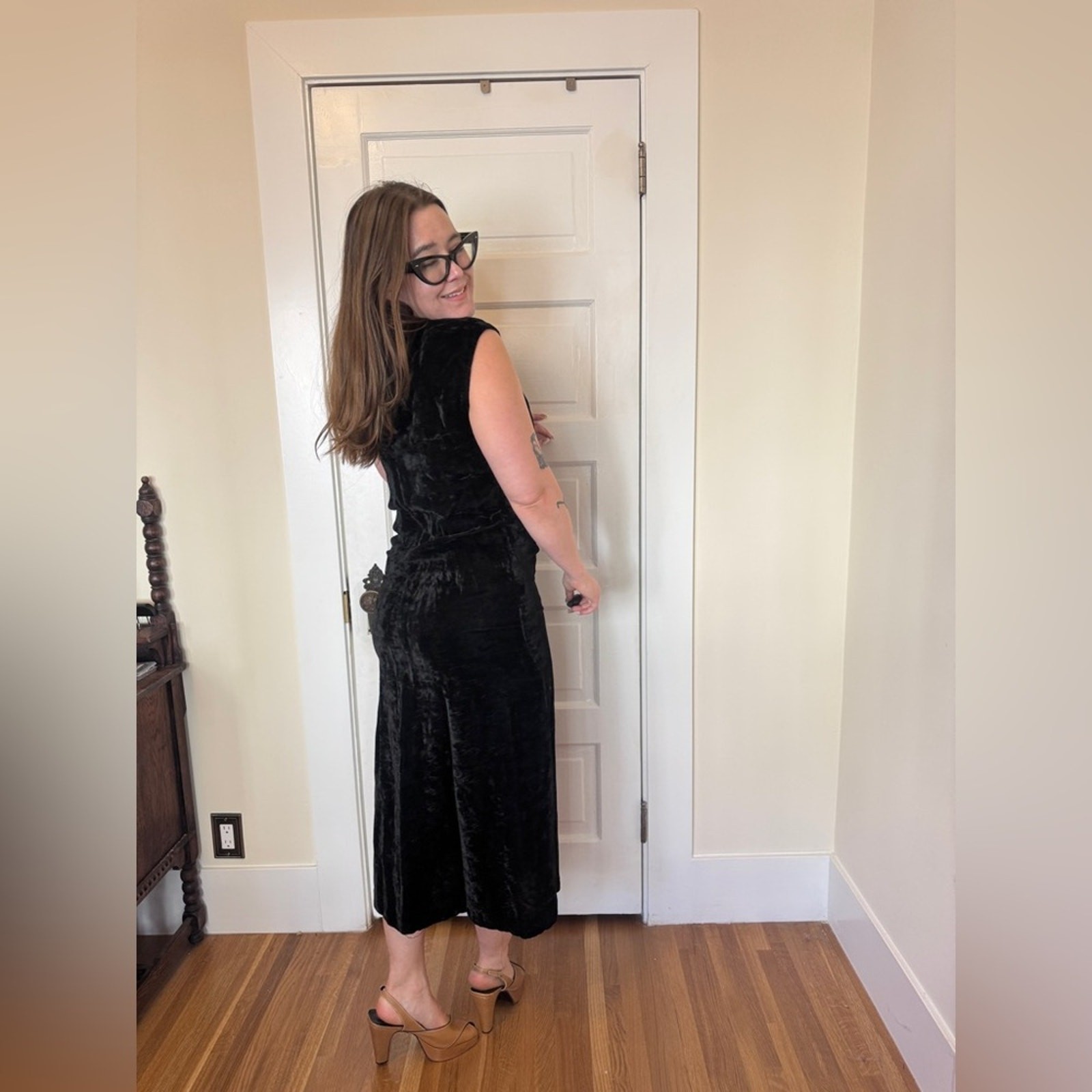 70s Vintage Black Velvet Column Dress w Side Slits and Gold Sequin Details Sz M