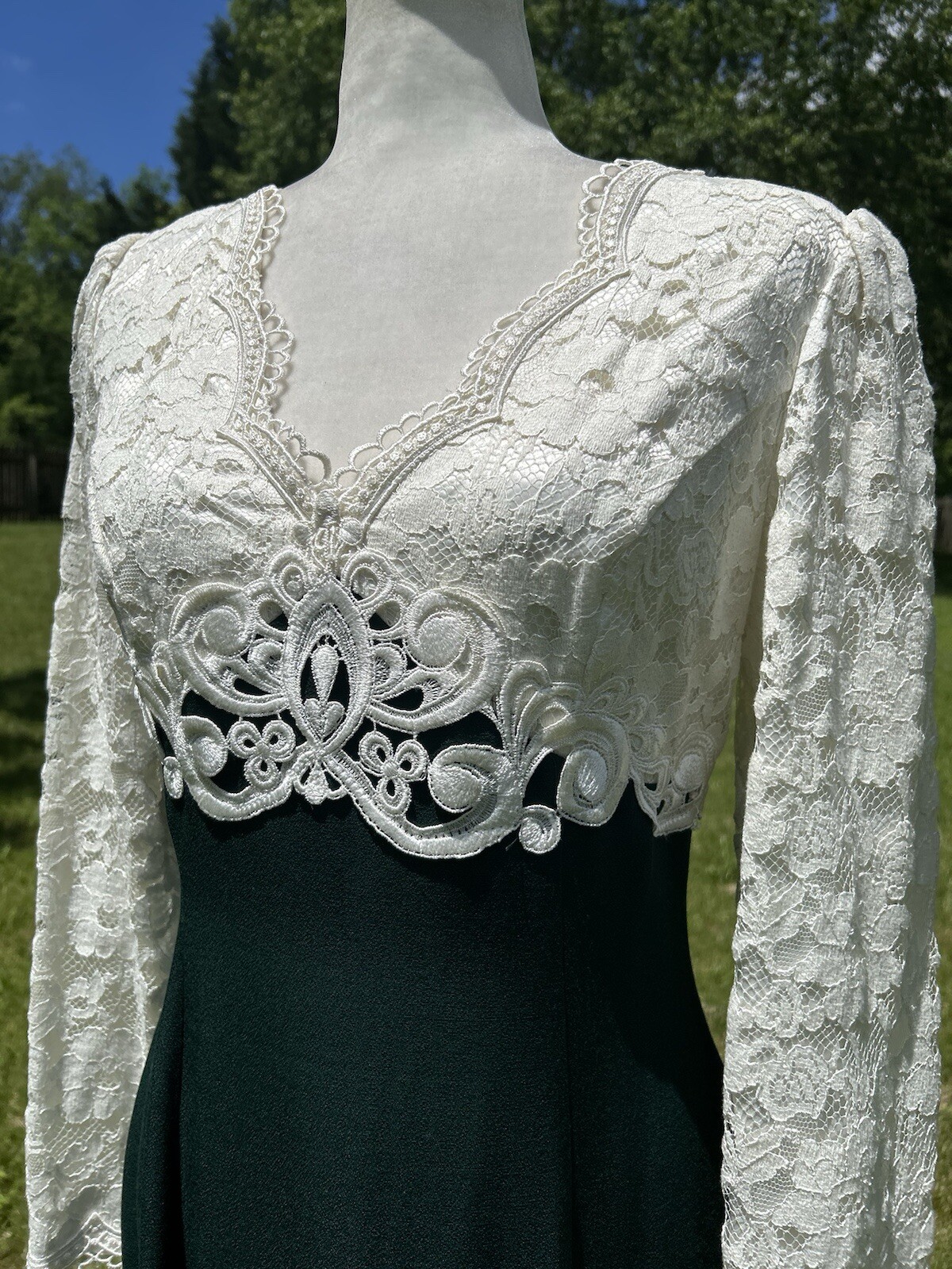 Vintage 90s Scott McClintock Ivory Lace Hunter Green Long Dress Cutout Back S M