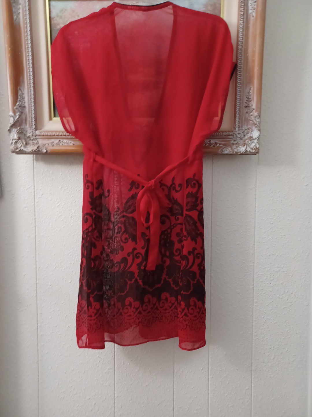 Vintage Deep V Y2K Sheer Red Babydoll Mini Dress Tunic Sz L Fairy Grunge Baroque