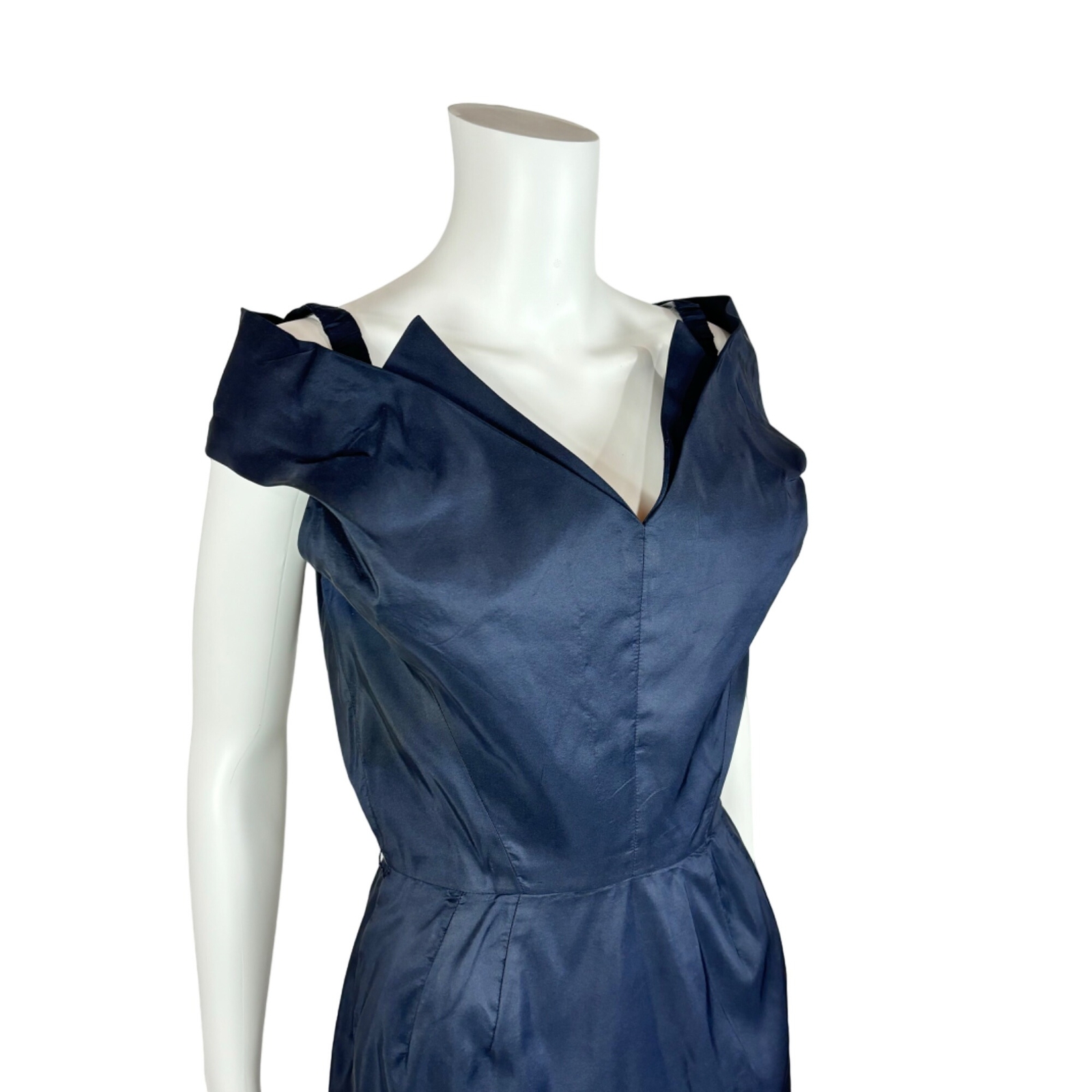 Vintage 50s Cocktail Dress Women’s XXS Winged Bodice Dark Blue Bombshell Pin Up