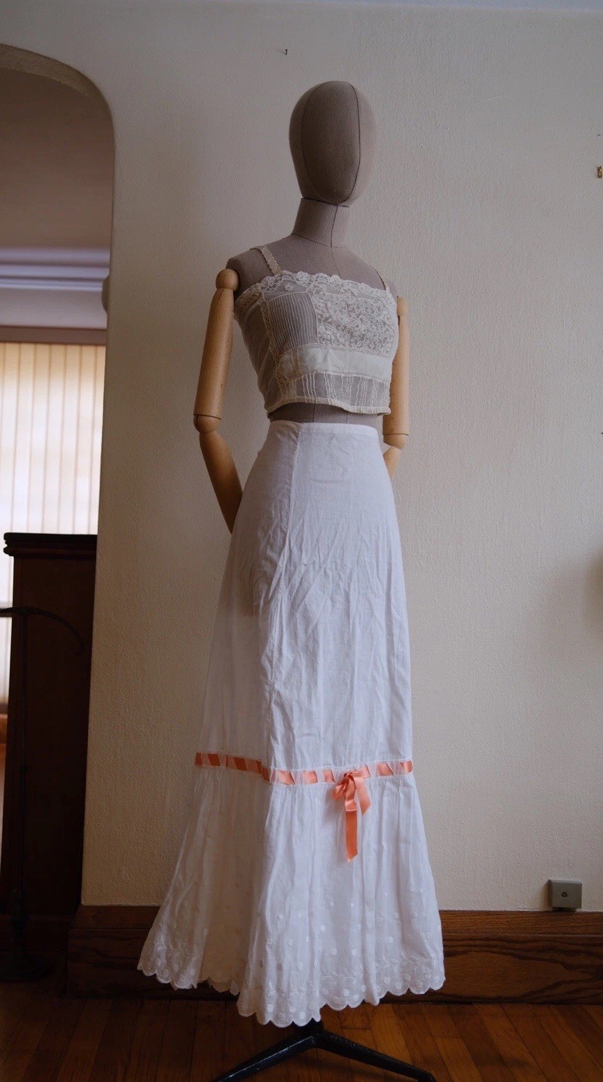 1900s Edwardian Petticoat Skirt With Ribbon, Embroidery and scalloped hem