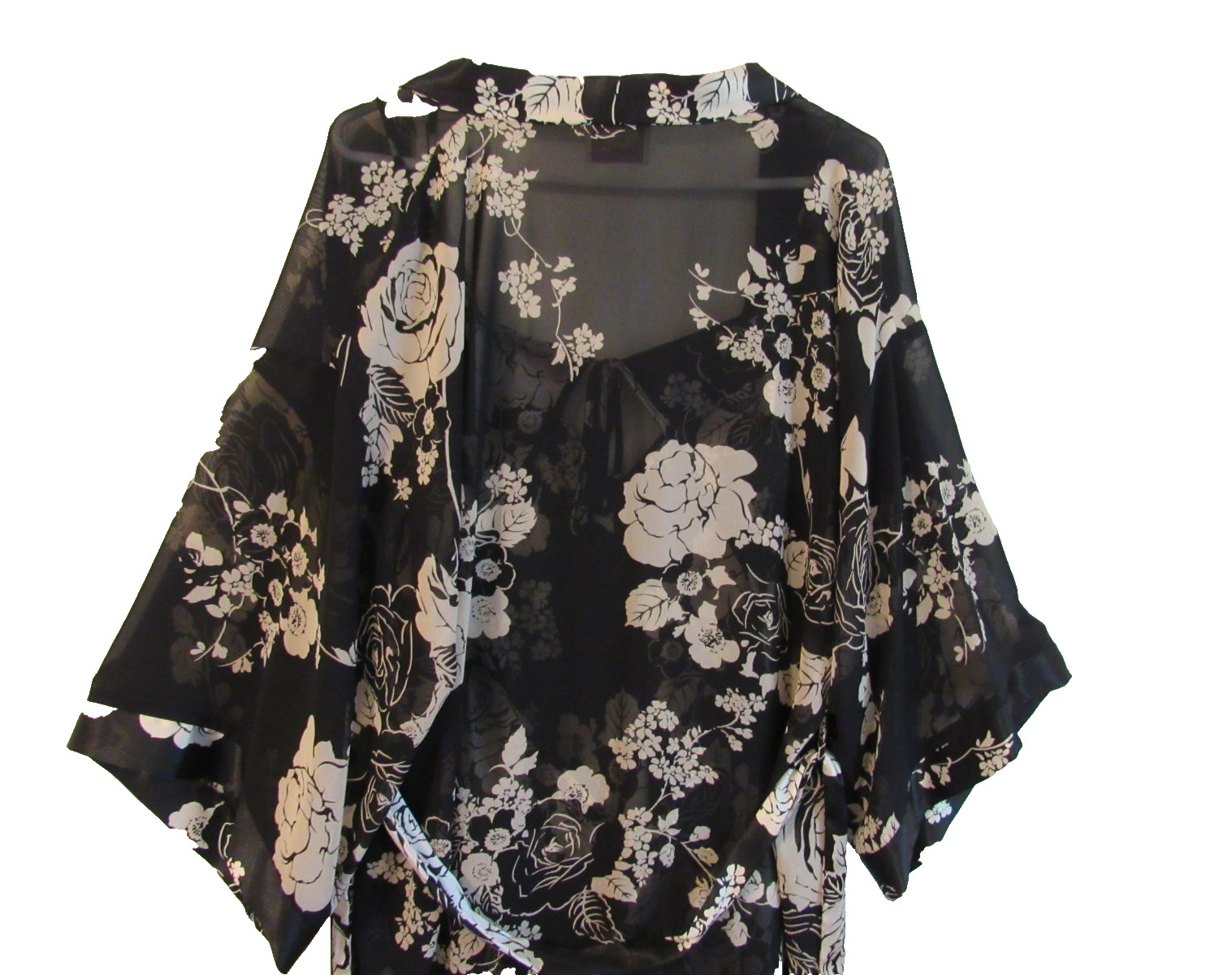 VTG California Dynasty Size Large 2 Piece Nightgown & Robe Black & Cream Floral