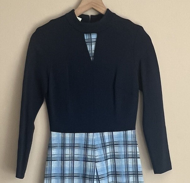 Vintage Maxi Dress Mod Plaid Poly Knit High Collar 8 10 Medium 60s 70s