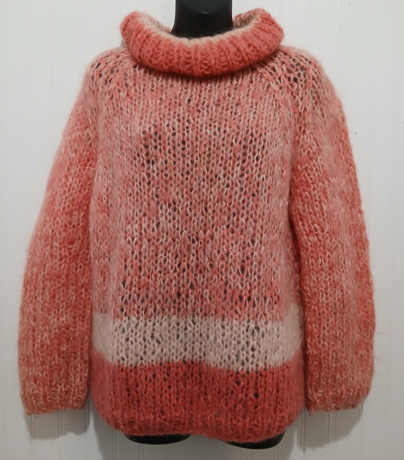 Vintage Mohair Wool Blend Sweater Hand Knit Made In Italy Pink Peach Roll Neck