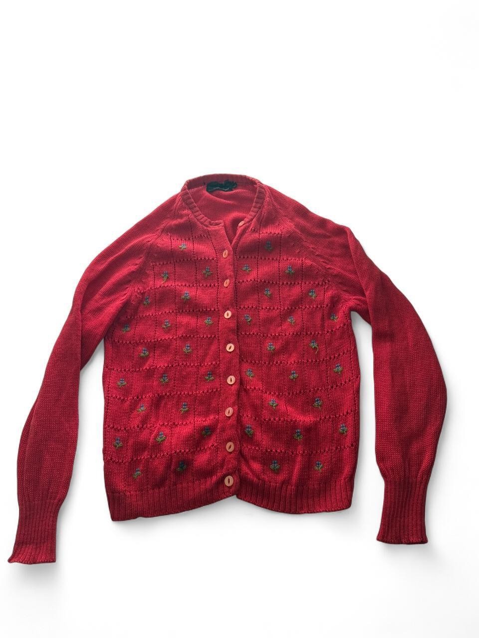 90s Vintage Embroidered Virgin Wool Floral Cardigan Red Large Cottage Grandma
