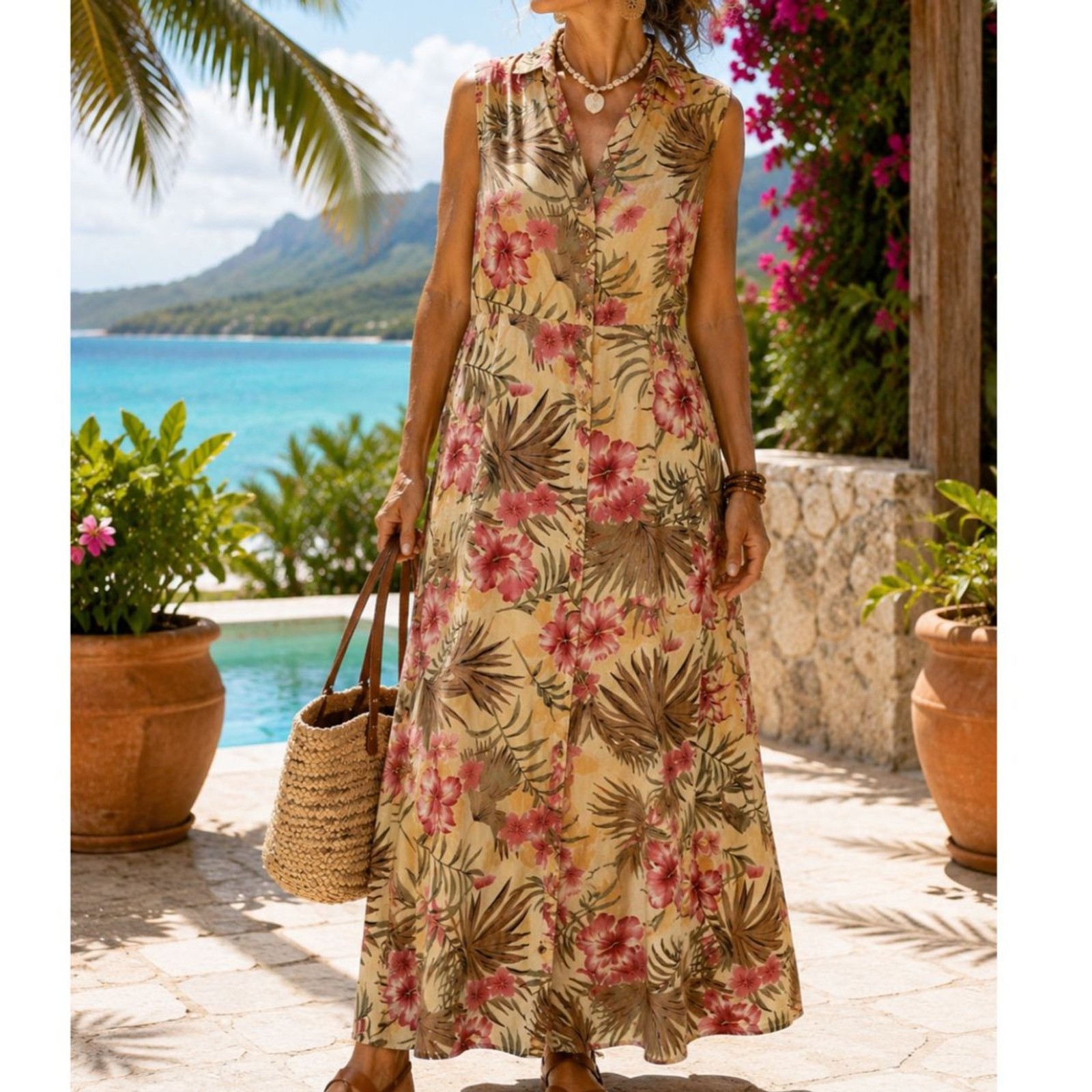 Vintage Bahama Beach Hawaiian Floral Maxi Dress Tropical Rayon Island XL Summer