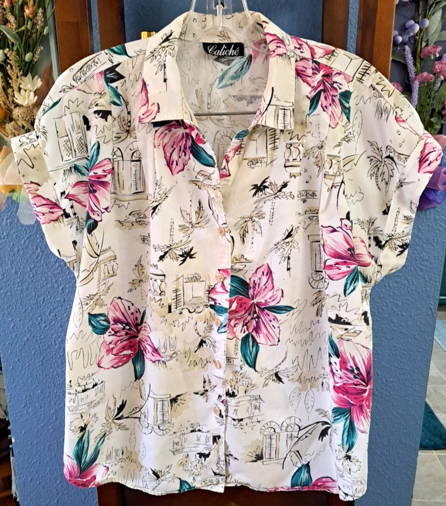Vintage Caliche Women’s M Short Sleeve Blouse Floral & Architectual Print 1980’s