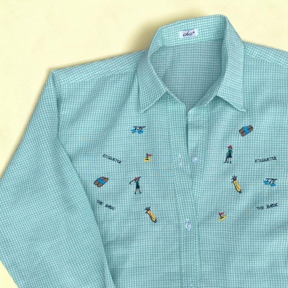 Vintage Mint Gingham Golf Embroidered Button Up Shirt Country Club Preppy
