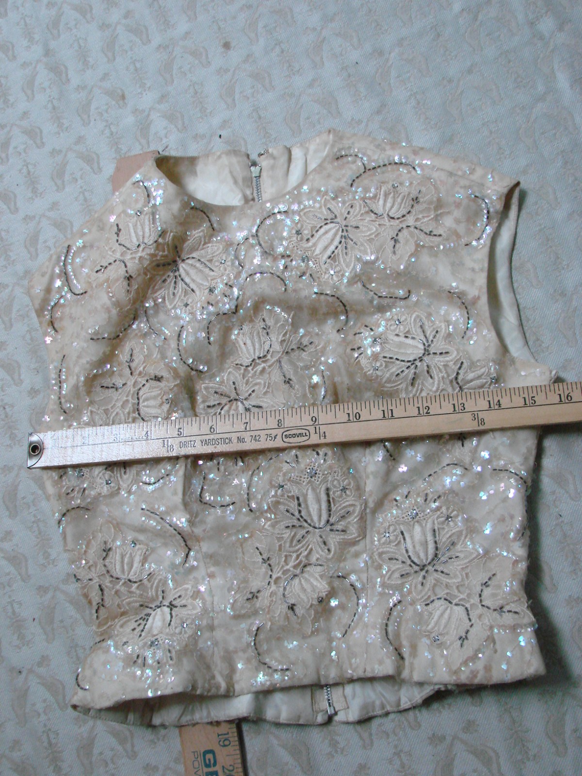 VTG 50s 60s Fitted Crop Top COCKTAIL SEQUINS Lace Beaded S B34 VGC Bodice lined
