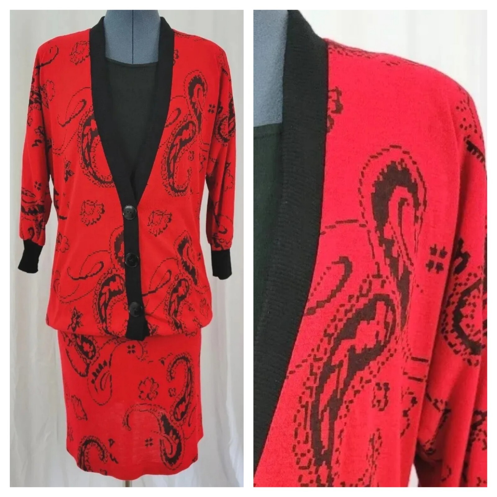 Vintage Dawn Joy Fashions Red & Black Knit One-Piece Dress Size M/L?
