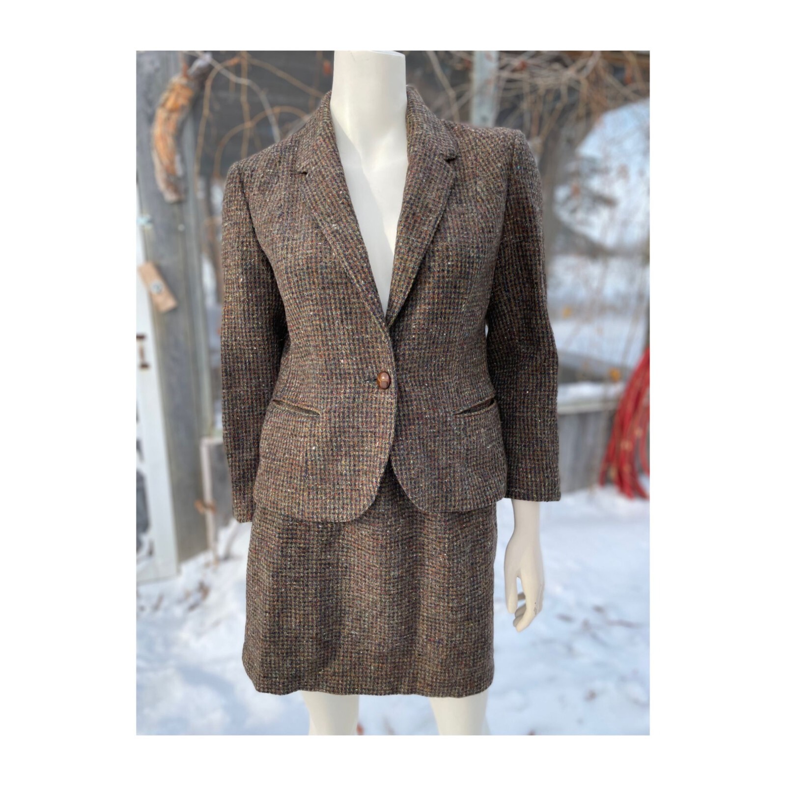 70s D’Oraz 100% Wool Tweed Skirt Suit Set Neutral Earth Tones Tailored Sz 11/12