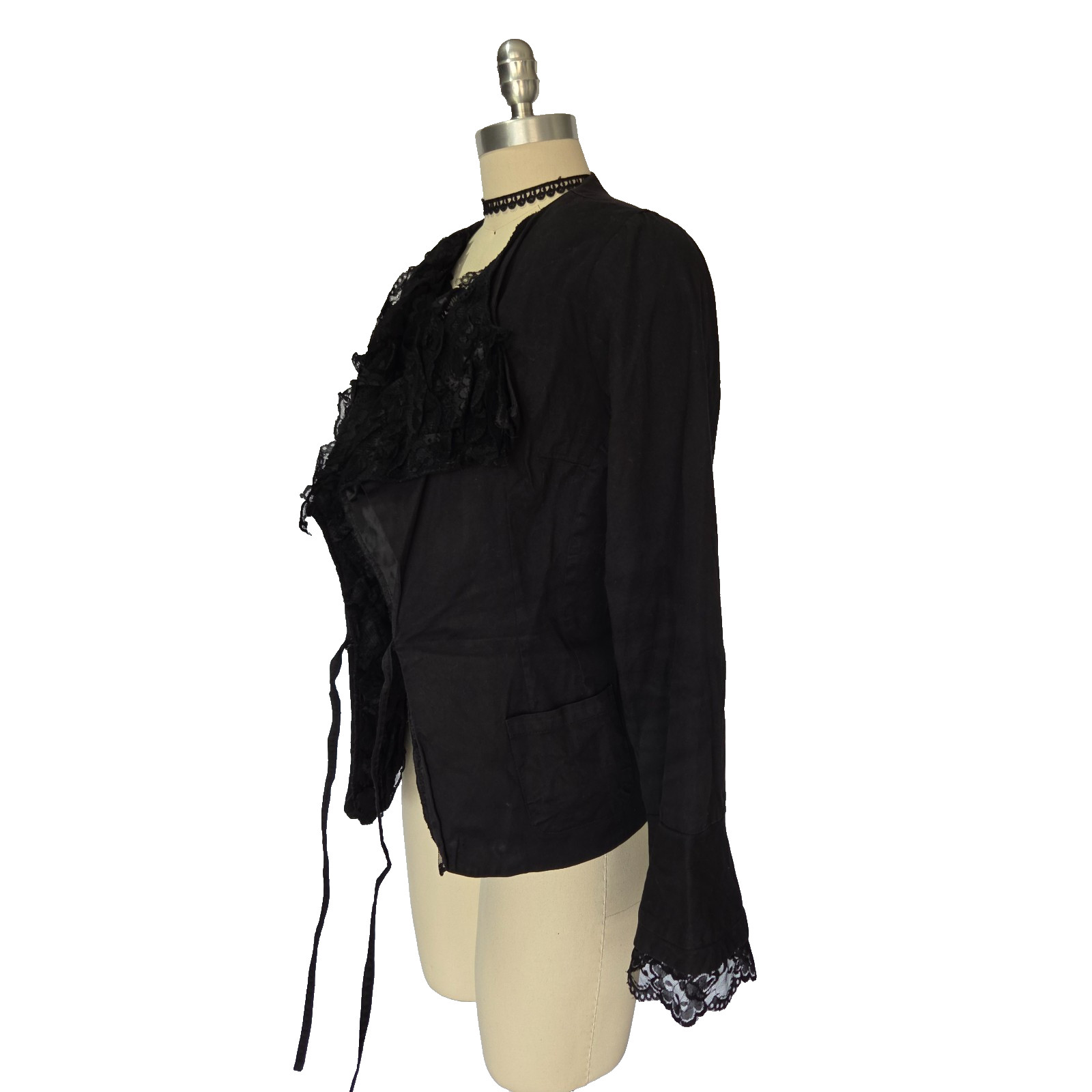 Vintage 90s Y2K Black Gothic Lace Jacket Size M Tie Front Witchy Mix Nouveau
