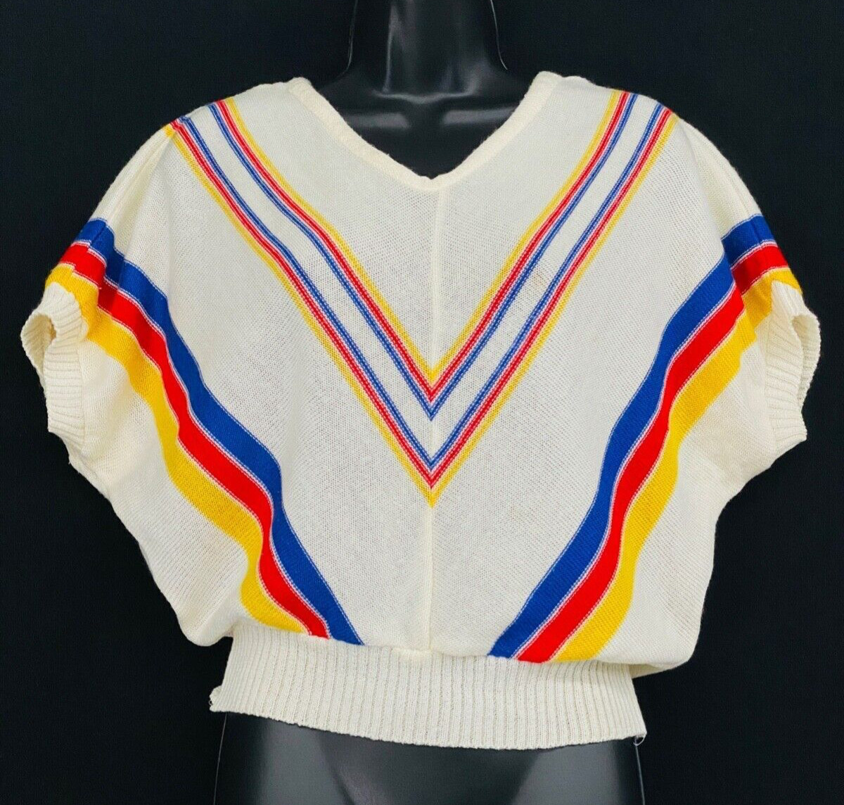 Vintage 1980s white batwing top, primary rainbow color block shirt sweater