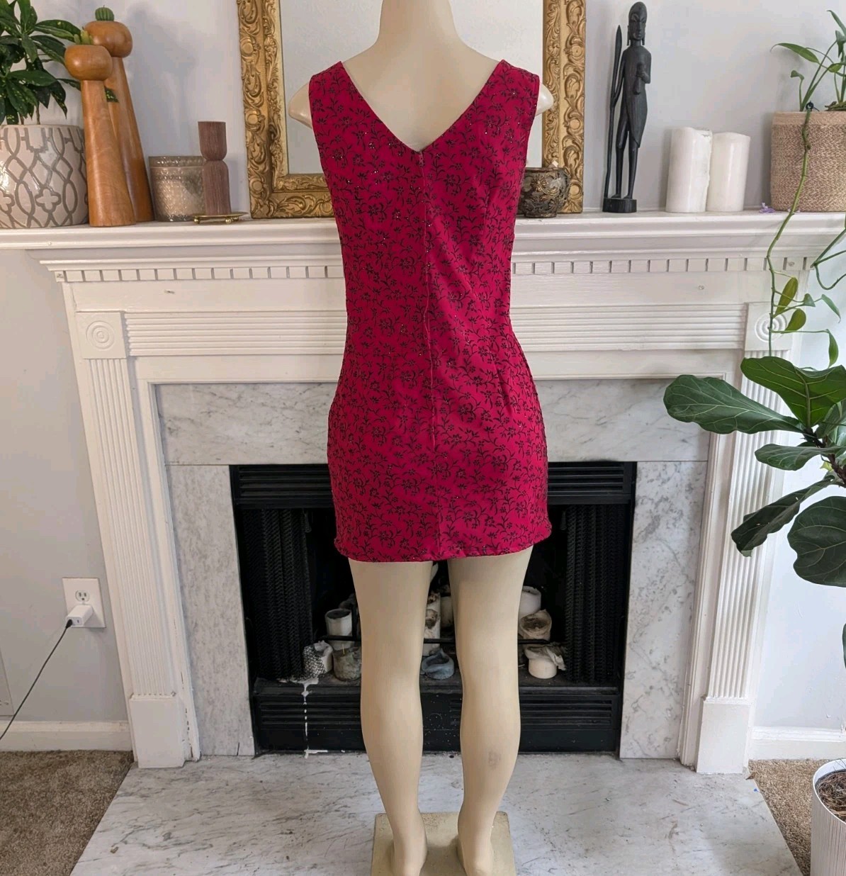 Vintage 80s Red Black Faux Wrap Mini Dress Size S Floral Flocked Silver Glitter