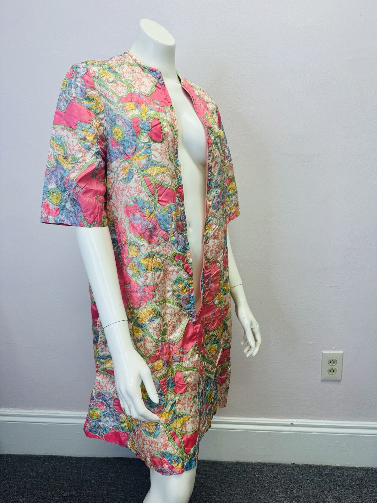VTG RARE Caftan Kaftan Loungewear night Gown Dress robe glo pink floral zip S/M