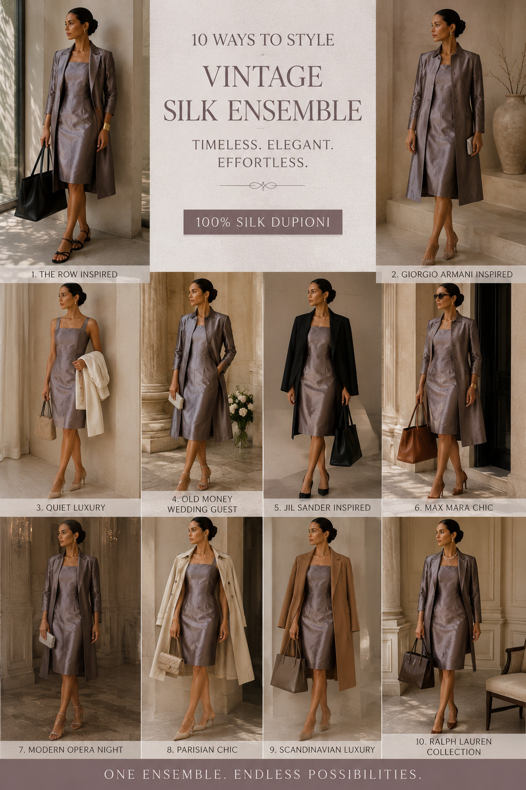 Mariposa silk ensemble dupion silk taupe silver dress frock coat size 38