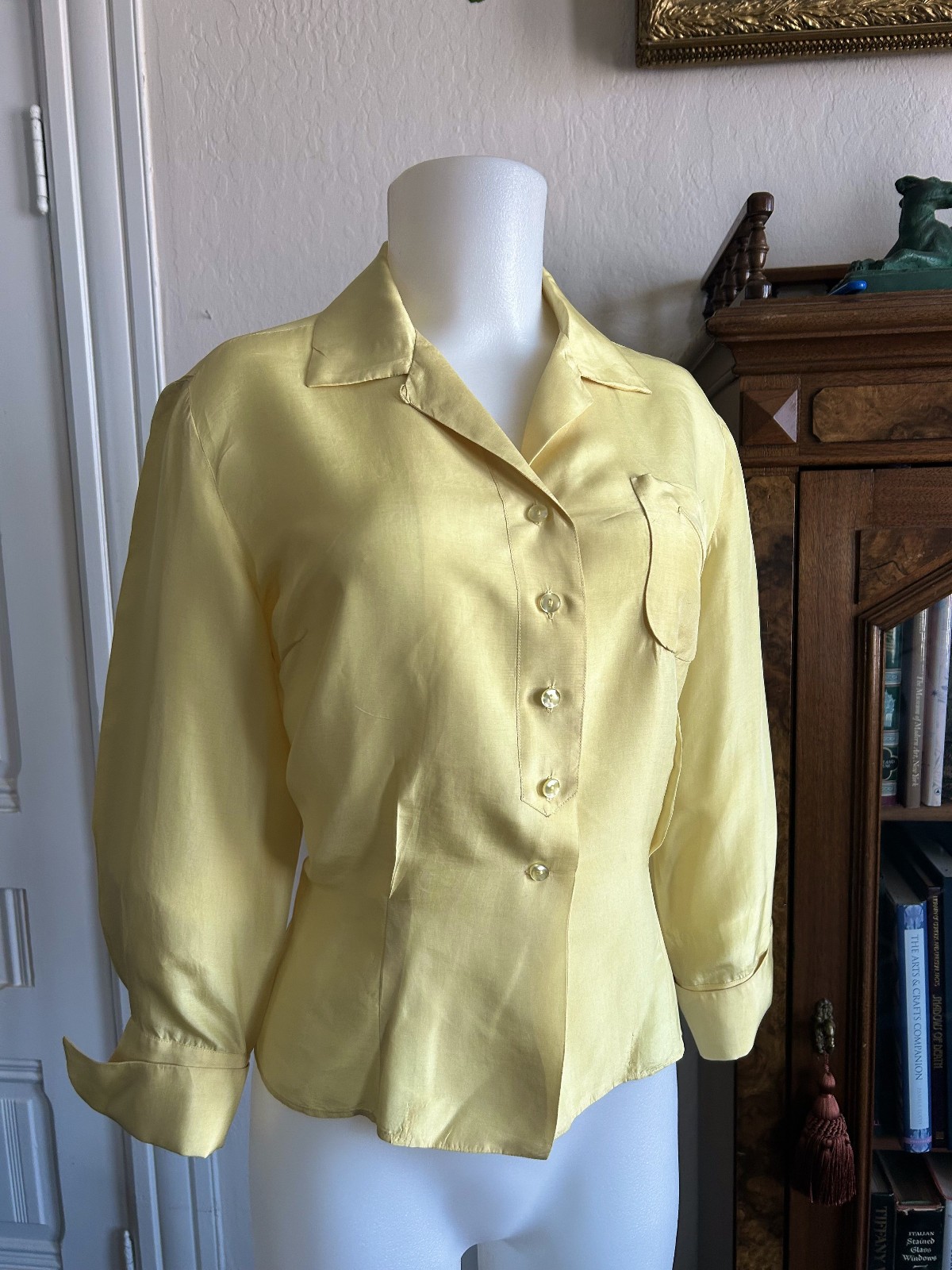 Vintage 40s 1950s Shirt Chartreuse Yellow Silk Western Button Up Shirt S/M