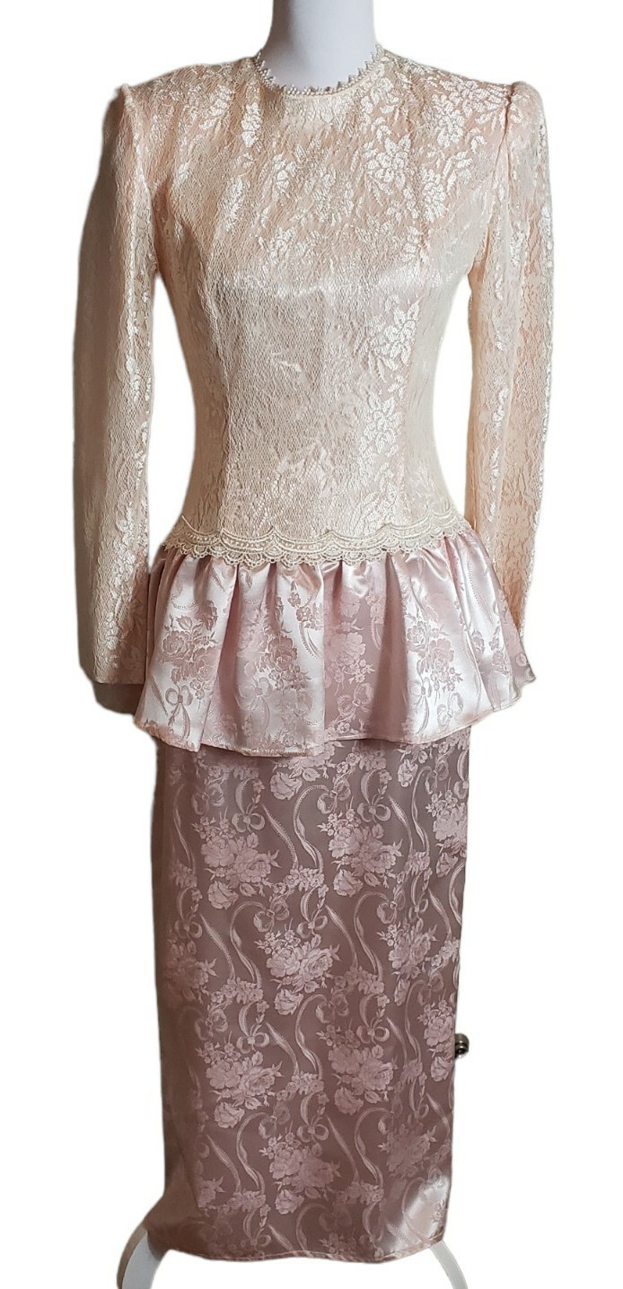 Vintage Scott McClintock Satin Lace Drop Waist Peplum Dress Sz 8 Pink Peach Bow