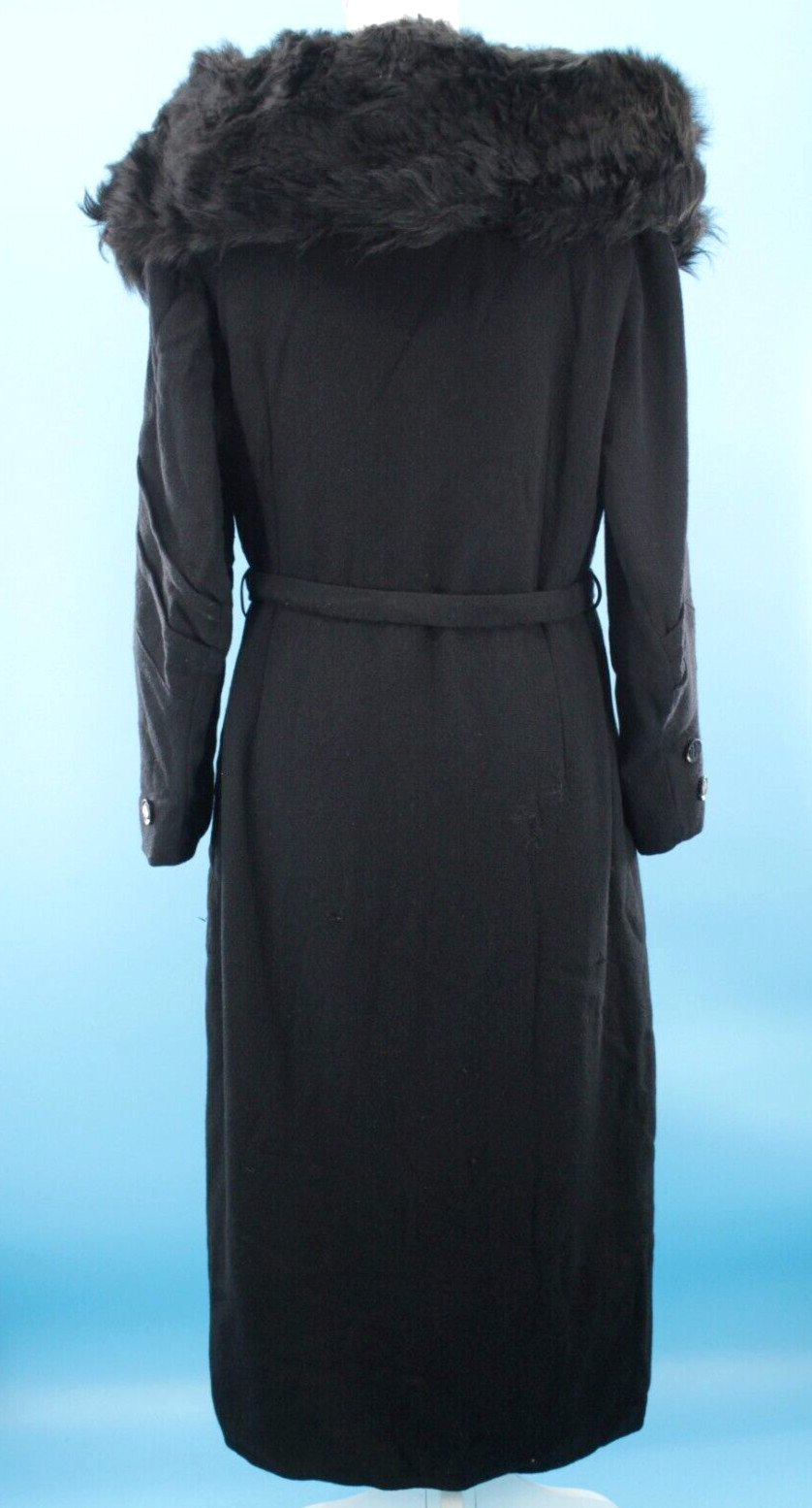 VTG Women’s 30s Black Wool Coat W/ Fur Collar & Belt & Scarf Detail Sz S/M 1930s