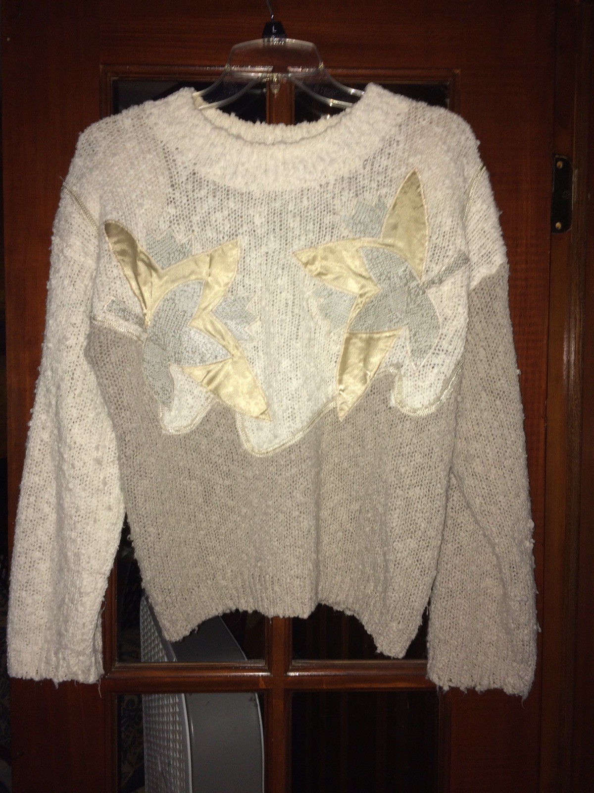 Vintage 80s Shenanigans Knit Sweater Sz S Pop Culture White Tan Applique