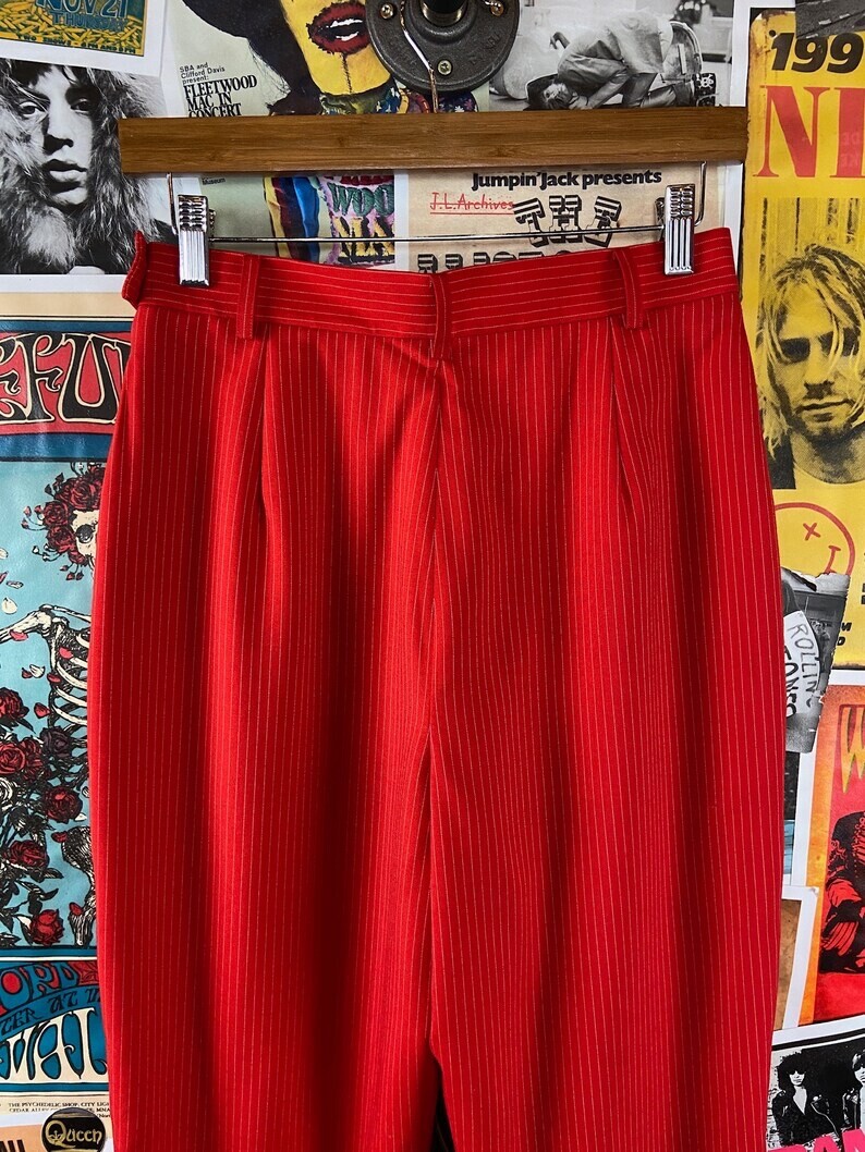 Vtg 90s Red White Pinstripe High Rise Wool Trouser Pants 28×32 Women Menswear
