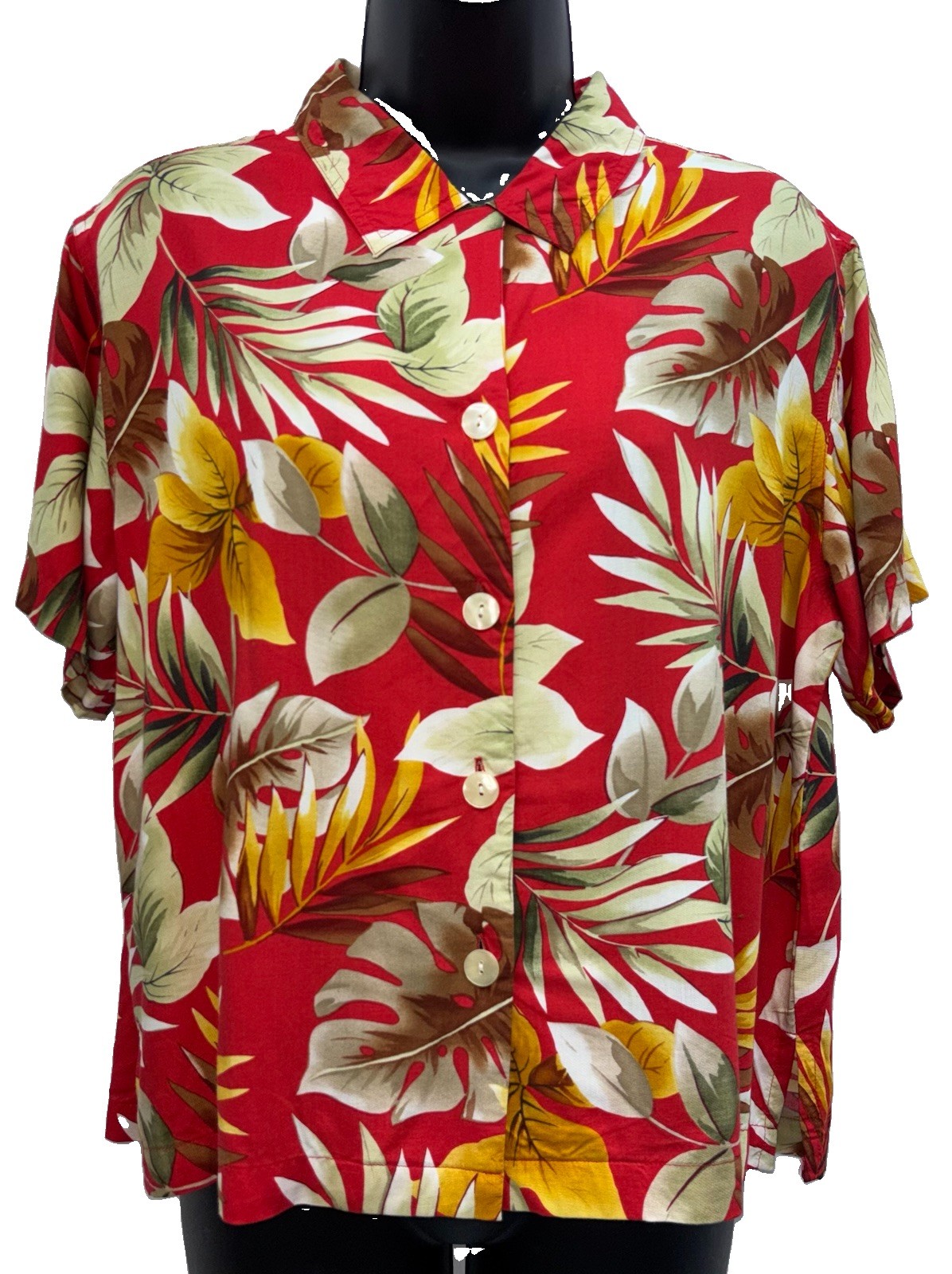 VTG Basic Editions Women Size M Button Up Short Sleeve Top Rayon Red Hawaiian