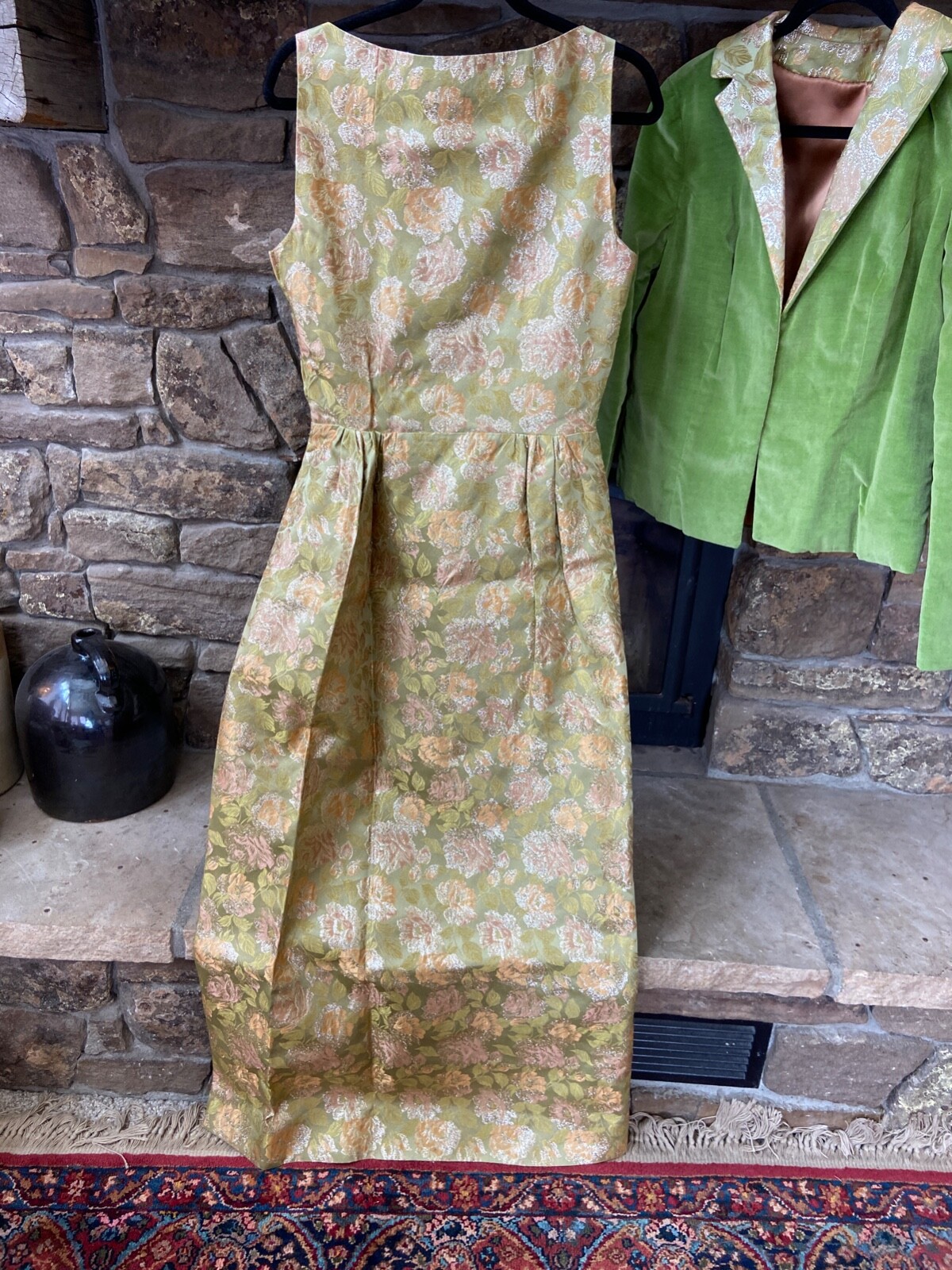 Fabulous Dress and Jacket Set GreenGold Brocade Velvet VTG 60s Holiday Party