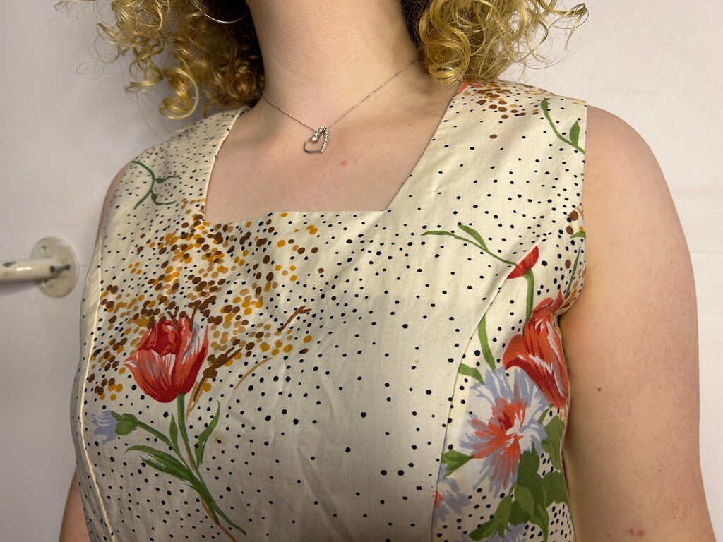 Vintage Handmade Cotton Blouson Dress Square Neckline Floral A-Line AU 12-14