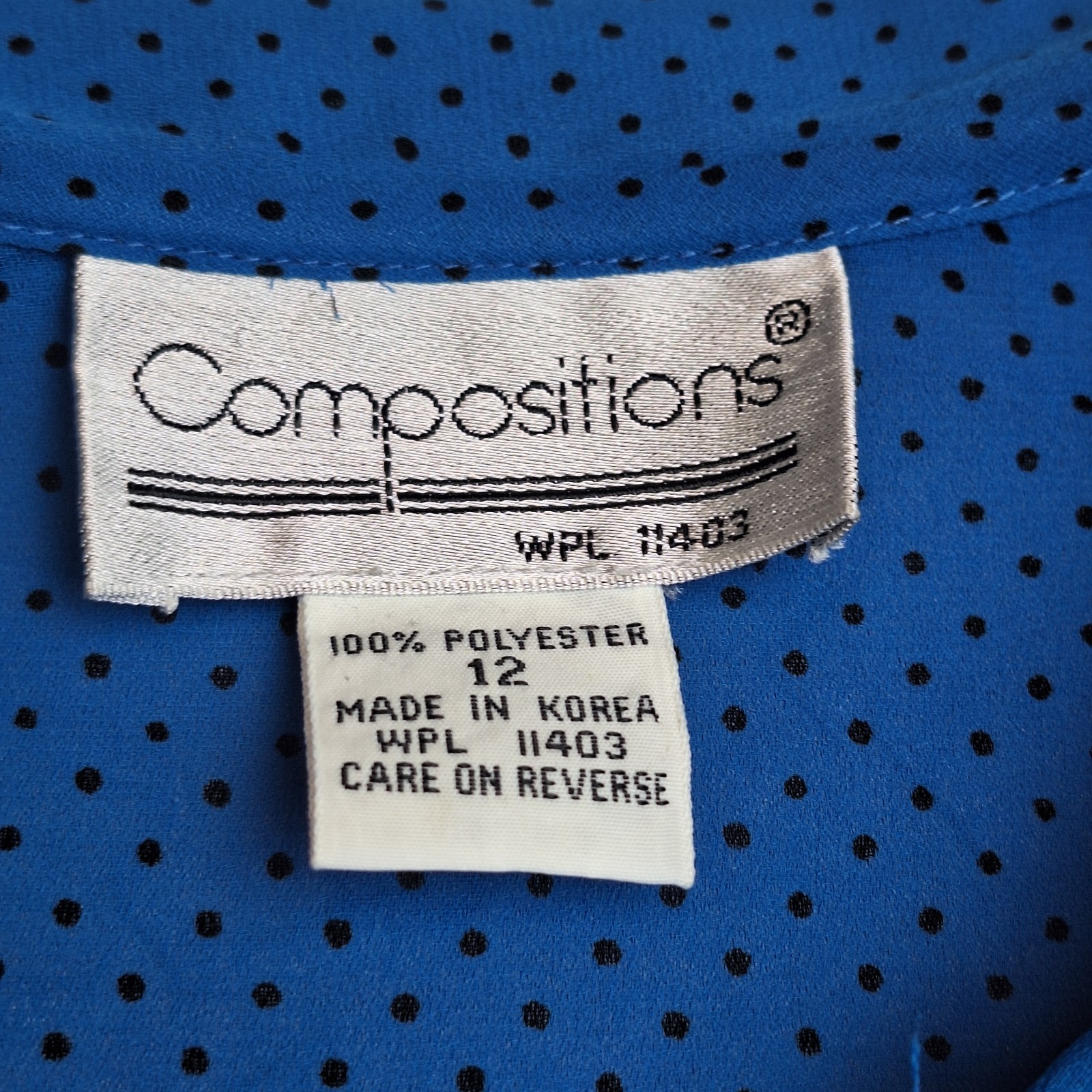 Vtg 80’s Compositions Skirt & Blouse Set, Blue With Black Polka Dots, Size…