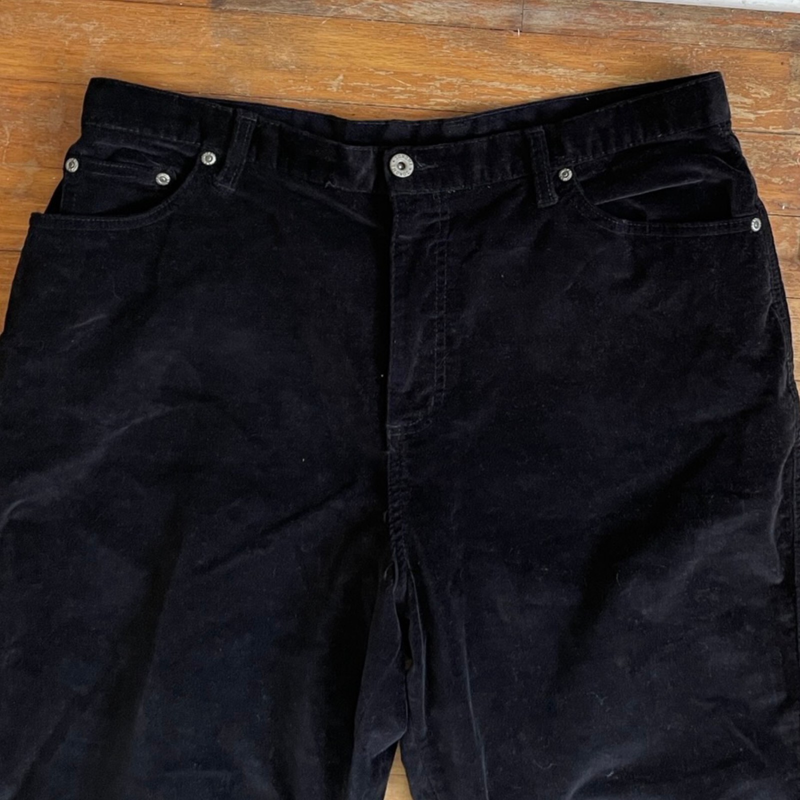Vintage Black Velvet Pants Size XL 16 35″ Waist 1990s High Waist Cotton Trousers