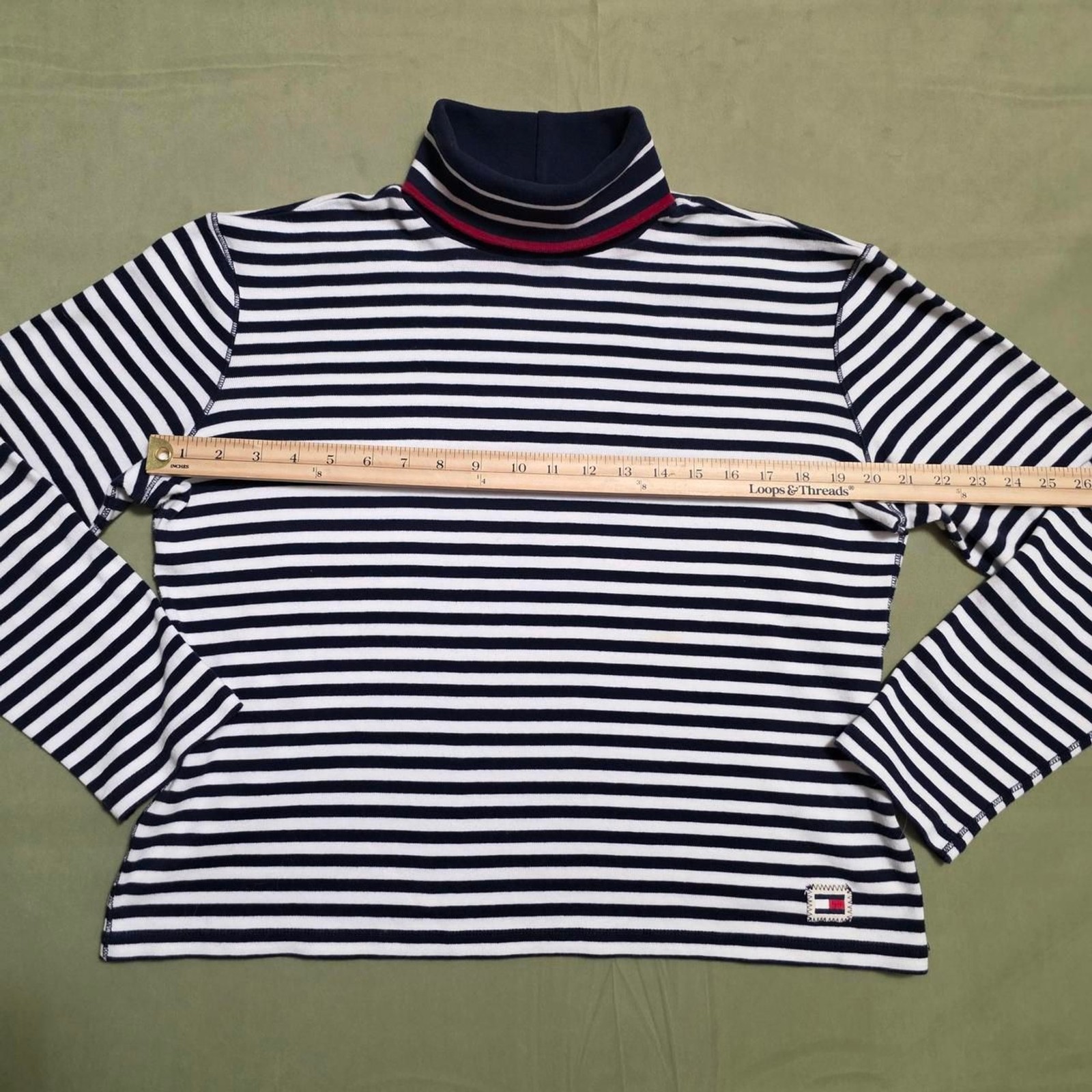 Vintage Y2K Tommy Hilfiger Striped Turtleneck Long Sleeve Top Navy White XL 2002