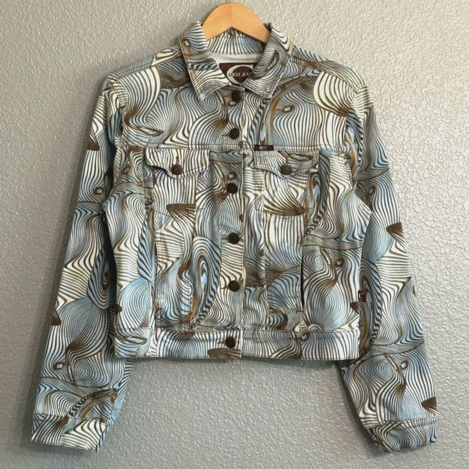 Vintage Abstract Swirl Print Jacket Crop Large Button Up Jean Trucker Funky Coat