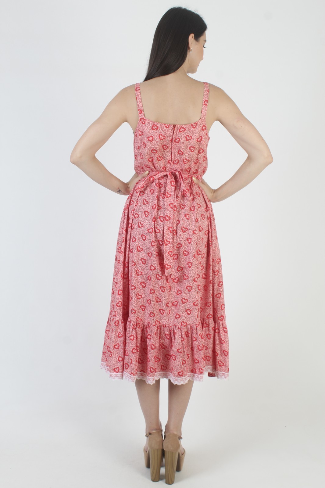 Vintage Red Heart Print Dress Calico Crochet Lace Boho Prairie Cottage Sundress