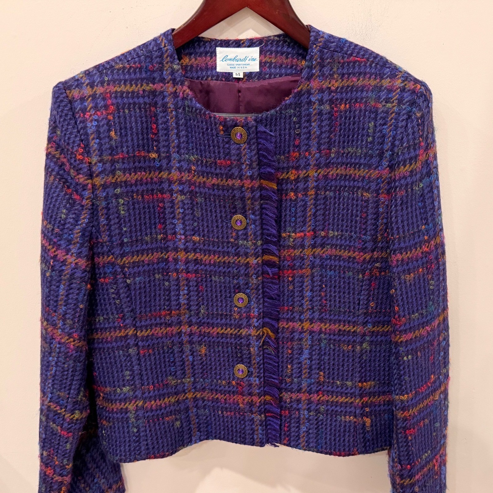 Lombardi Inc Vintage Purple Plaid Wool Cropped Jacket Fringe Button Up Size 14