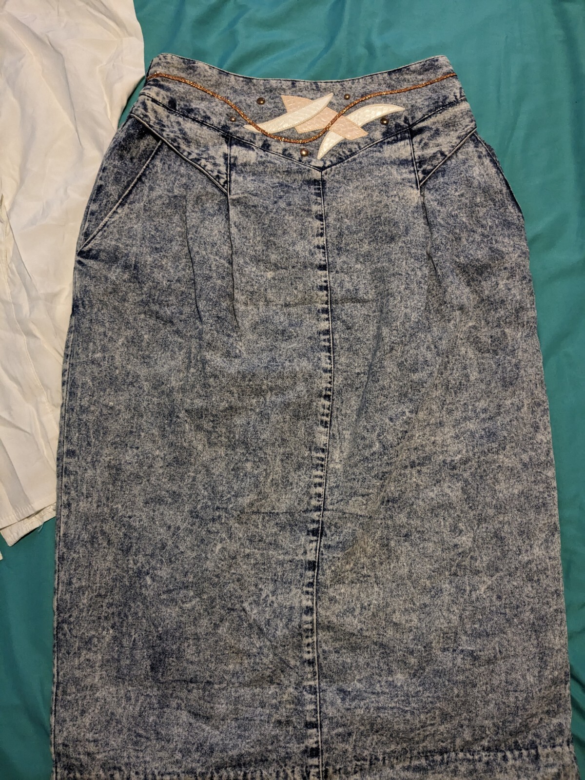 Vintage Marie St. Monet Patchwork Blouse Sz 8 Acid Washed Denim Skirt Sz 6 1980s