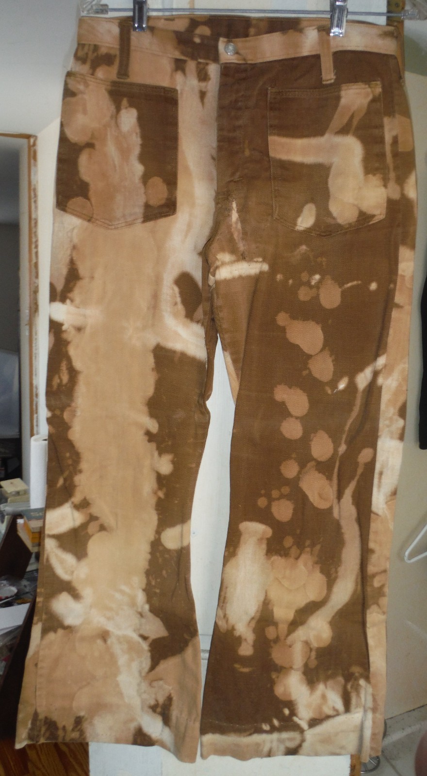 Vintage 1960s Hippie Bellbottom Jeans Brown with Bleach Psychedelic 30 x 27