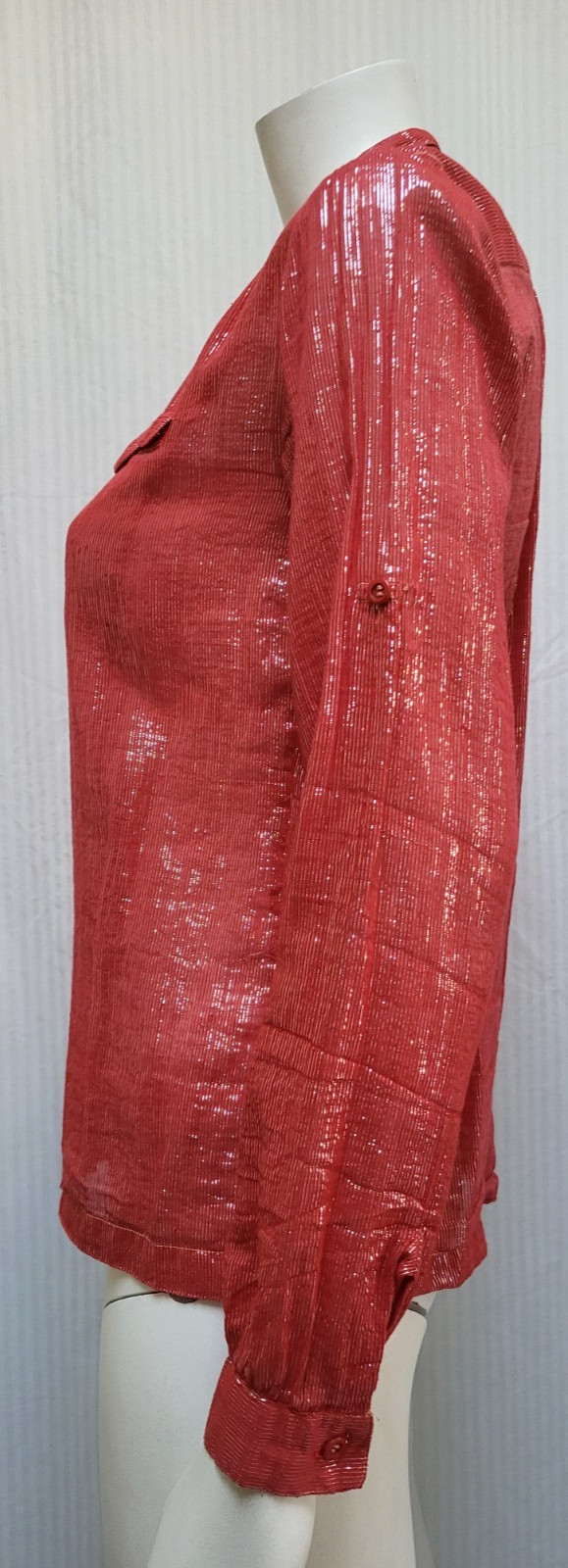 Vintage 1970’s Red Cotton Silver Lurex Stripe BLOUSE Top India – Size S/M