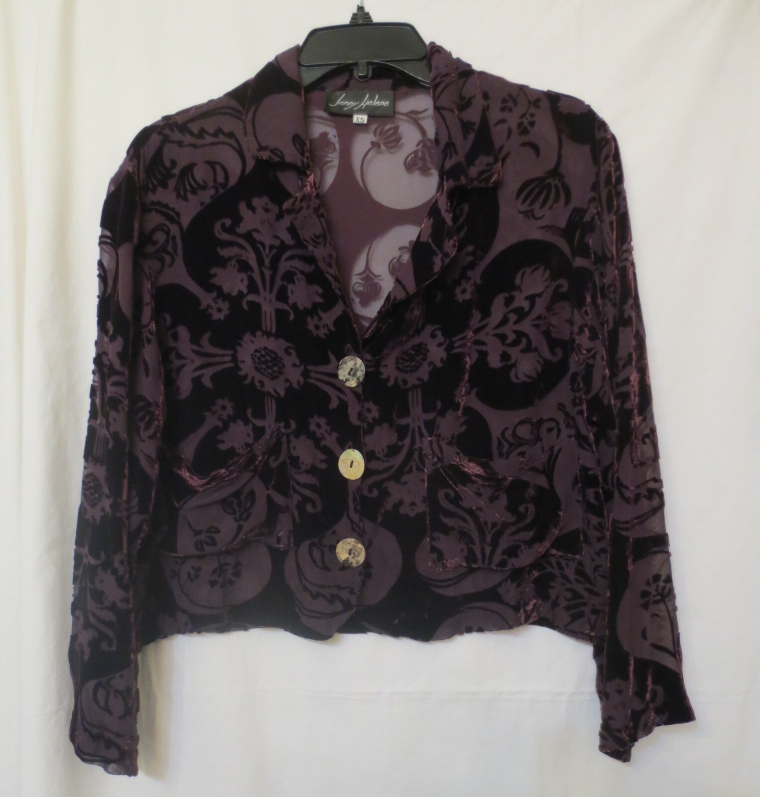 Vtg Jenny Helene Elegant Purple Floral Burnt Velvet Silk Open Jacket Women’s XS
