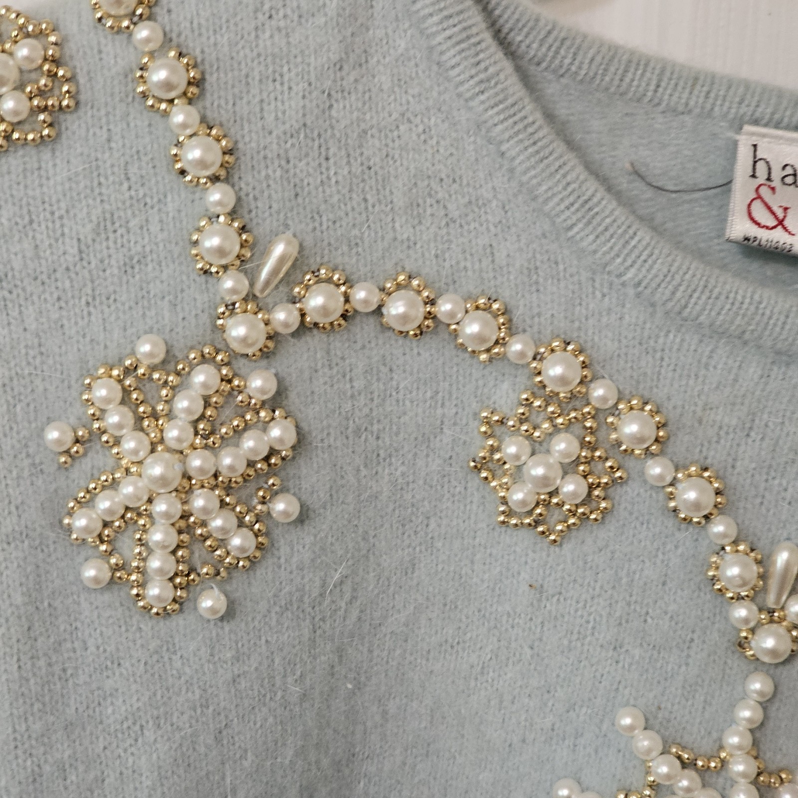 HASTING & SMITH WOOL ANGORA BLEND JEWELED Faux Pearl SWEATER Sz L Green Vtg