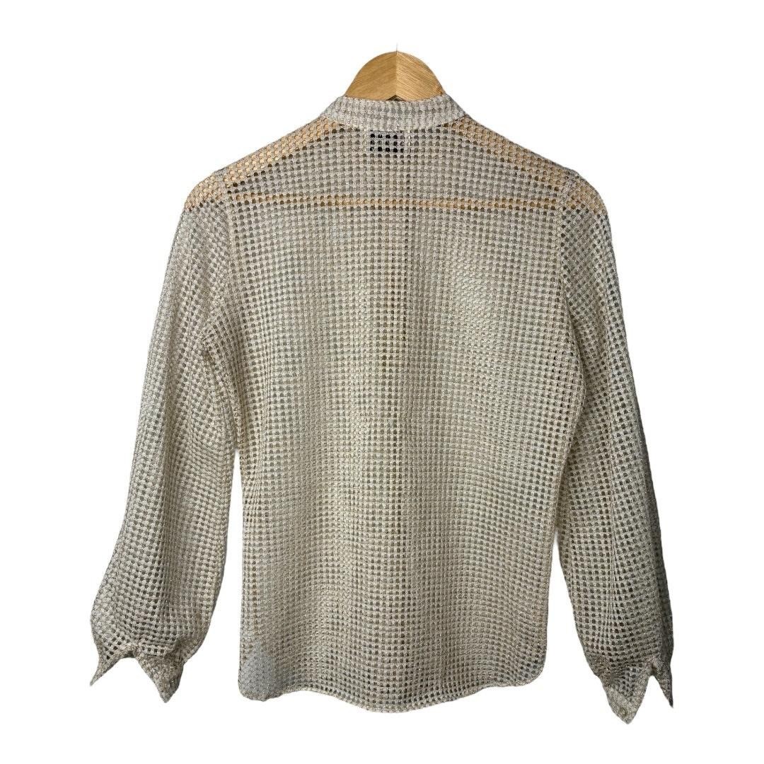 Adelaar Metallic Mesh Blouse Women 6 Gold Ivory Vintage Lurex Sheer Split Neck